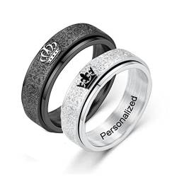 Ihanskio Personalisierte mattierte Kronen-Paar-Ringe im Inneren Text gravierte Versprechensringe für Sie und ihn Benutzerdefinierte Paarbänder (Schwarz+Silber-Spinner-Crown) von Ihanskio