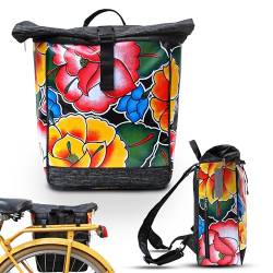 Ikuri Fahrradtasche/Rucksack Kombi Fahrradrucksack aus Wachstuch für Gepäckträger Packtasche Wasserdicht für Frauen - Model Tehuana schwarz von Ikuri