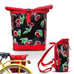 Ikuri Fahrradtasche/Rucksack Kombi Fahrradrucksack aus Wachstuch für Gepäckträger Packtasche Wasserdicht für Frauen - Modell Cerezas schwarz von Ikuri