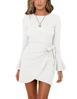 Imbry Damen Langarm Bodycon Kleid Strickkleid Elegant Tunika Kleid Midikleid mit Gürtel (S,Weiß) von Imbry