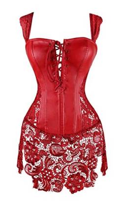 Imbry Sexy Damen Gothic Kunstleder Korsagenkleid Schwarz Leder corsage schnürt Minikleid Spitze Dessous Clubwear (4XL, Rot) von Imbry