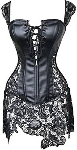 Imbry Sexy Damen Gothic Kunstleder Korsagenkleid Schwarz Leder corsage schnürt Minikleid Spitze Dessous Clubwear (M, Schwarz) von Imbry