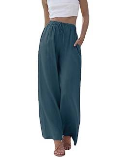 Imuedaen Damen Hosen Sommer Leinen Leicht Casual Locker Leinenhose Freizeithose Palazzo Hose Weite Leg Hose Sommerhose Hohe Taille mit Tunnelzug und Taschen (A Blau, L) von Imuedaen