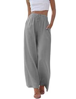 Imuedaen Damen Hosen Sommer Leinen Leicht Casual Locker Leinenhose Freizeithose Palazzo Hose Weite Leg Hose Sommerhose Hohe Taille mit Tunnelzug und Taschen (A Grau, L) von Imuedaen