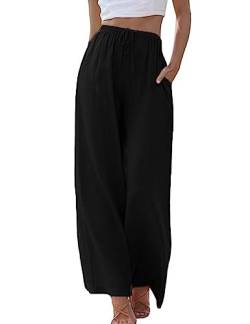 Imuedaen Damen Hosen Sommer Leinen Leicht Casual Locker Leinenhose Freizeithose Palazzo Hose Weite Leg Hose Sommerhose Hohe Taille mit Tunnelzug und Taschen (A Schwarz, L) von Imuedaen