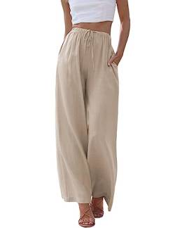 Imuedaen Damen Hosen Sommer Leinen Leicht Casual Locker Leinenhose Freizeithose Palazzo Hose Weite Leg Hose Sommerhose Hohe Taille mit Tunnelzug und Taschen (Khaki, L) von Imuedaen