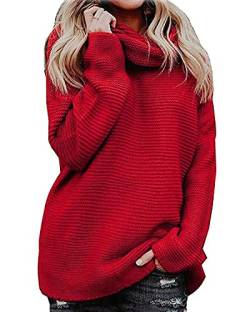 Imuedaen Pullover Damen Elegant Rollkragenpullover Langarm Strickpullover Lässiges Stricken Pulli Winter Sweatshirt Oberteile (A Rot, L) von Imuedaen