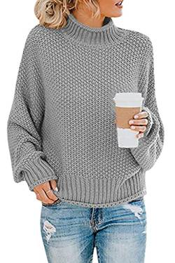 Imuedaen Pullover Damen Elegant Winter Rollkragenpullover Strickpullover Grobstrickpullover Casual Lose Langarm Pulli Oberteile (A Grau, L) von Imuedaen