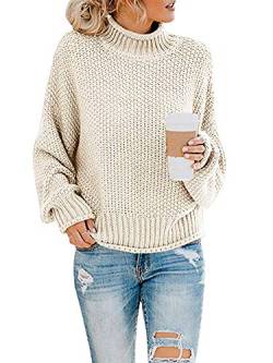 Imuedaen Pullover Damen Elegant Winter Rollkragenpullover Strickpullover Grobstrickpullover Casual Lose Langarm Pulli Oberteile (A Natürliches Weiß, L) von Imuedaen