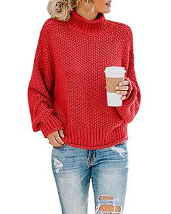 Imuedaen Pullover Damen Elegant Winter Rollkragenpullover Strickpullover Grobstrickpullover Casual Lose Langarm Pulli Oberteile (A Rot, M) von Imuedaen