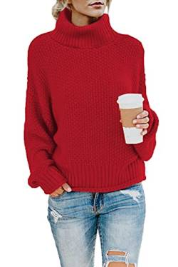 Imuedaen Pullover Damen Elegant Winter Rollkragenpullover Strickpullover Grobstrickpullover Casual Lose Langarm Pulli Oberteile (C Rot, S) von Imuedaen