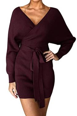 Imuedaen Pulloverkleid Damen V-Ausschnitt Elegant Strickkleid Langarm Pullover Tunika Kleid Mit Gürtel für Herbst Winter (A Burgund, XL) von Imuedaen