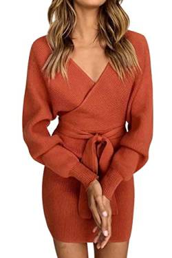Imuedaen Pulloverkleid Damen V-Ausschnitt Elegant Strickkleid Langarm Pullover Tunika Kleid Mit Gürtel für Herbst Winter (A Rostrot, XL) von Imuedaen