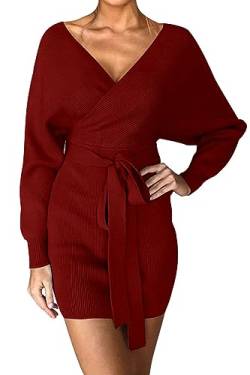 Imuedaen Pulloverkleid Damen V-Ausschnitt Elegant Strickkleid Langarm Pullover Tunika Kleid Mit Gürtel für Herbst Winter (A Rot, S) von Imuedaen