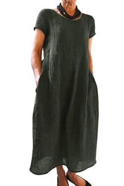 Imuedaen Sommerkleid Damen Kleider Sommer Rundhalsausschnitt Casual Kurzarm Freizeitkleider Strandkleider Boho Langes Kleid mit Taschen (3XL, B Dunkelgrün) von Imuedaen