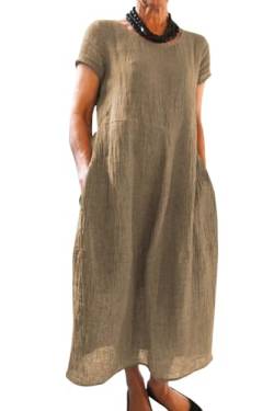 Imuedaen Sommerkleid Damen Leinenkleider Sommer Casual Rundhalsausschnitt Kurzarm Freizeitkleid Strandkleider Boho Langes Kleid mit Taschen (B Khaki, 3XL) von Imuedaen