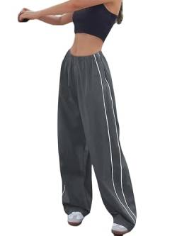 Imuedaen Track Pants Damen Parachute Pants Y2k Hosen Baggy Cargohose Weites Bein Track Pants Vintage Baggy Hosen für Frauen Streetwear Elastische Taille Freizeithose Pants (A Grau, M) von Imuedaen