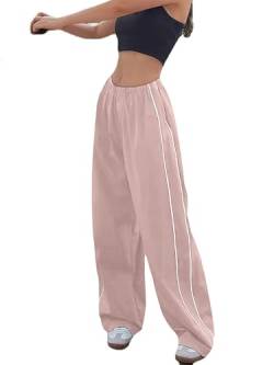 Imuedaen Track Pants Damen Parachute Pants Y2k Hosen Baggy Cargohose Weites Bein Track Pants Vintage Baggy Hosen für Frauen Streetwear Elastische Taille Freizeithose Pants (A Rosa, L) von Imuedaen