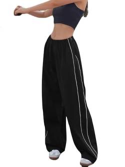 Imuedaen Track Pants Damen Parachute Pants Y2k Hosen Baggy Cargohose Weites Bein Track Pants Vintage Baggy Hosen für Frauen Streetwear Elastische Taille Freizeithose Pants (A Schwarz, S) von Imuedaen