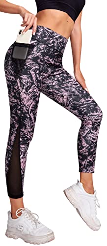 Damen Leggings Fitness Sporthose mit Handytasche in schicken Farben und mit hohem Bund (XXL, schwarz-Rose) von In One Clothing