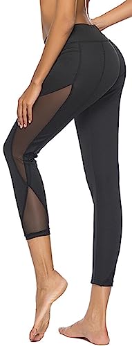 Damen Leggings Sportleggings, mit hohem Bund, Zwei Fronttaschen und Mesh Einsätzen, in der Farbe schwarz - Grösse L von In One Clothing