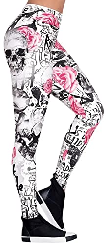 Damen Leggings Sportleggings mit hohem Bund - Yoga-Fitness-Hose mit Fantasie Motiv Rock Code, in der Farbe Weiss/schwarz/Rose - Grösse S von In One Clothing