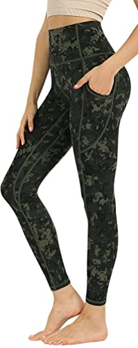 Damen Leggings Sportleggings mit hohem Bund und Zwei Seitentaschen - in schwarz-grüner Camouflage Optik - Grösse M von In One Clothing