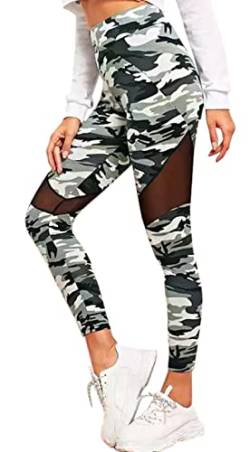 Damen Leggings Sportleggings mit hohem Bund und semi-transparenten Mesh-Einsätzen in Camouflage Optik - camouflage03 3XL von In One Clothing