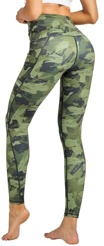 Damen Leggings Sportleggings mit hohem Bund und verstellbarem, innen liegenden Bindeband - in Armee grüner Camouflage Optik - Grösse S von In One Clothing