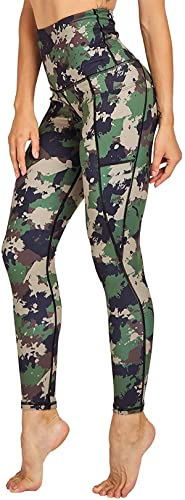 Damen Leggings Sportleggings mit hohem Bund und verstellbarem, innen liegenden Bindeband - in Armee grüner Camouflage Optik - Grösse S von In One Clothing