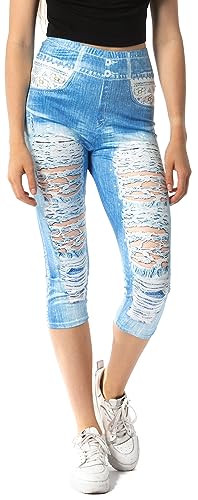 Damen Leggings in Jeansoptik mit Used-Look 3/4 Länge - Jeansblau Grösse L von In One Clothing