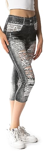 Damen Leggings in Jeansoptik mit Used-Look 3/4 Länge - schwarz Grösse M von In One Clothing