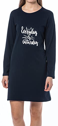 Damen Nachthemd lang - Damennachthemd mit langem Arm in dunkelblau, mit Motiv Everyday is Caturday - Grösse XL von In One Clothing