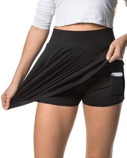 Damen Rock mit Innenshorts und Handytasche - weicher Microfaser Stoff mit knitterfreien hohem Bund - schwarz L von In One Clothing