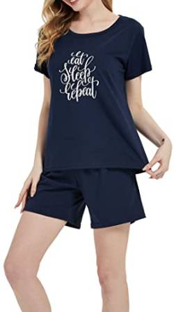 Damen Schlafanzug kurz Eat Sleep Repeat aus 100% Baumwolle, in dunkelblau von In One Clothing