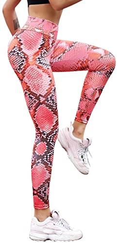 In One Clothing Damen Leggings Sportleggings mit hohem Bund Yoga-Fitness-Hose, Lange Streetwear- & Sporthose mit Schlangenmuster Muster (S, Pink) von In One Clothing