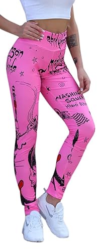 In One Clothing Damen Leggings Sportleggings mit hohem Bund - Yoga-Fitness-Hose mit Manson Fantasiemotiv - pink-02 M von In One Clothing