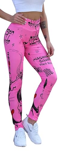 In One Clothing Damen Leggings Sportleggings mit hohem Bund - Yoga-Fitness-Hose mit Manson Fantasiemotiv - pink-02 S von In One Clothing