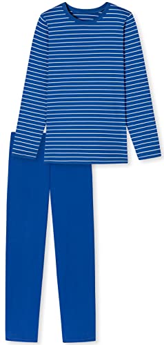 In One Clothing Jungen Schlafanzug aus 100% Baumwolle mit Bermuda Hose mit blau und Weiss geistreiftem Oberteil von In One Clothing