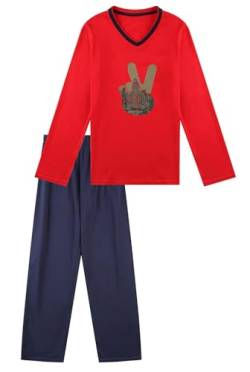 In One Clothing Jungen Schlafanzug lang, aus 100% Baumwolle, Oberteil mit Victory Zeichen und Skyline Motiv - Grösse 152 von In One Clothing