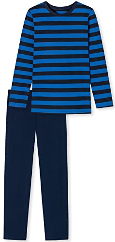 In One Clothing Jungen Schlafanzug lang, aus 100% Baumwolle, mit blau und dunkelblau geistreiftem Oberteil von In One Clothing