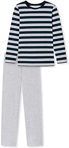 In One Clothing Jungen Schlafanzug lang, aus 100% Baumwolle mit Graumelange und dunkelblau geistreiftem Oberteil von In One Clothing