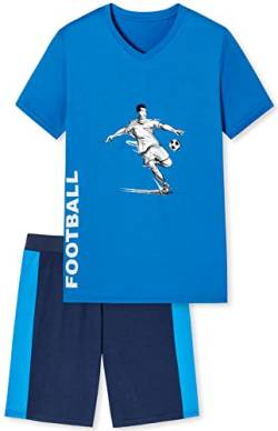 In One Clothing Jungen Schlafanzug mit Bermuda Hose und Fussball oder Skateboard Motiv (140, Fusball blau 2) von In One Clothing