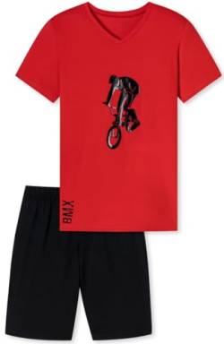 Jungen Schlafanzug kurz, aus 100% Baumwolle, mit V-Ausschnitt, BMX Rider Motiv und Hose in Bermuda Form, in der Farbe rot/schwarz - Grösse 140 von In One Clothing