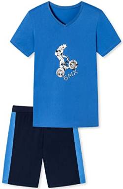 Jungen Schlafanzug kurz BMX, aus 100% Baumwolle, Navy blaues Oberteil mit BMX Biker Motiv und dunkelblauer Hose in Bermuda Form von In One Clothing