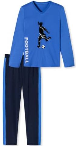Jungen Schlafanzug lang Fussball, aus 100% Baumwolle, Oberteil in der Farbe blau mit Fussball Motiv und dunkelblau/blau gestreifter Hose - Grösse 176 von In One Clothing