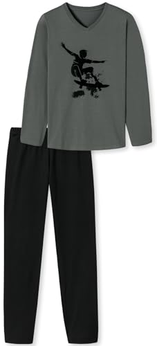 Jungen Schlafanzug lang Skater, aus 100% Baumwolle, Oberteil in der Farbe Graphit mit Skater Motiv und schwarzer Langer Hose - Grösse 176 von In One Clothing
