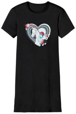 Mädchen Nachthemd mit kurzem Arm, weicher Singley Jersey aus 100% Baumwolle, mit Pferde Motiv Mädchen mit Pferd und Herz, in der Farbe schwarz - Grösse 152 von In One Clothing