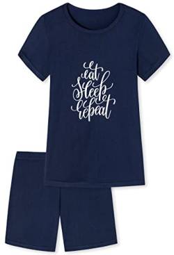 Mädchen Schlafanzug kurz mit Motiv Eat Sleep Repeat in Farbe dunkelblau von In One Clothing