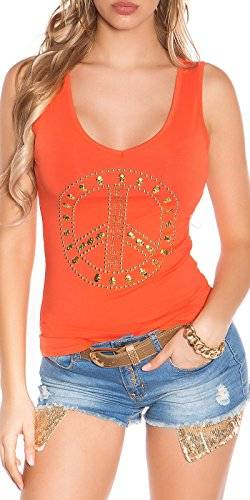 Koucla Top Tanktop Shirt mit Peace-Print aus Nieten und Glitzersteinen (Coral) von In-Stylefashion